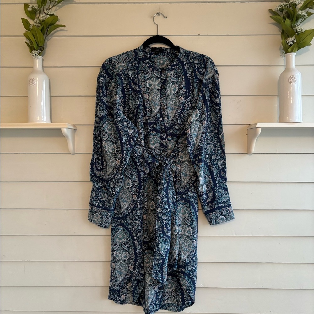 J. Crew 100% Silk Tie Front Paisley Long Sleeve Shirtdress Women’s Size 16